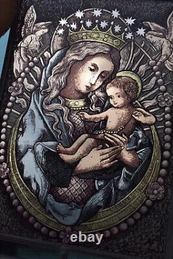 Antique French Stained glass panel window madonna child