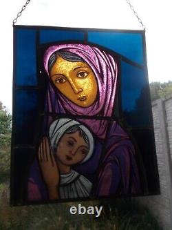 Antique French religious stained glass Madonna Child window panel