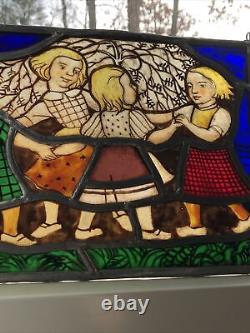 Antique G. Rae Stained Glass Painted Panel 1900 Edwardian Rind Around The Rosie