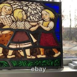 Antique G. Rae Stained Glass Painted Panel 1900 Edwardian Rind Around The Rosie