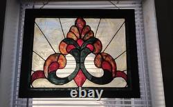 Antique Hanging Framed Art Deco Lead Stained Glass Panel 19 3/4 W 15 5/8 L