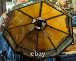 Antique Huge Slag Stained Glass Filigree Lady Hanging Lamp 8 Panel 24shade Deco