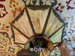 Antique Huge Slag Stained Glass Filigree Lady Hanging Lamp 8 Panel 24shade Deco