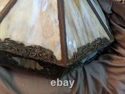 Antique Huge Slag Stained Glass Filigree Lady Hanging Lamp 8 Panel 24shade Deco