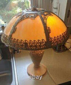 Antique Large Slag Stained Glass Filigree Lamp 6 Panel 19 Shade Art Deco Rare