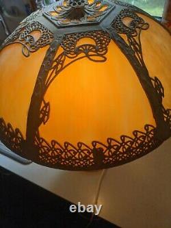 Antique Large Slag Stained Glass Filigree Lamp 6 Panel 19 Shade Art Deco Rare