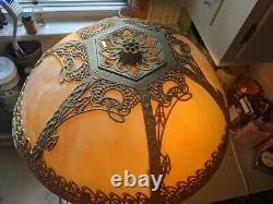Antique Large Slag Stained Glass Filigree Lamp 6 Panel 19 Shade Art Deco Rare