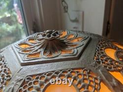 Antique Large Slag Stained Glass Filigree Lamp 6 Panel 19 Shade Art Deco Rare