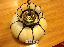 Antique Large Victorian Style 8 Panel Stained Bent Slag Glass Chandelier WithGlobe