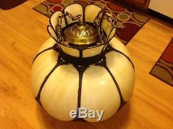 Antique Large Victorian Style 8 Panel Stained Bent Slag Glass Chandelier WithGlobe