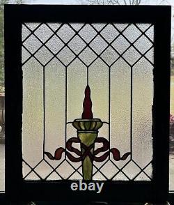 Antique Leaded Clear & Stained Glass Window 29.25x24.5 Torch Flame Privacy