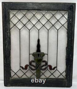 Antique Leaded Clear & Stained Glass Window 29.25x24.5 Torch Flame Privacy