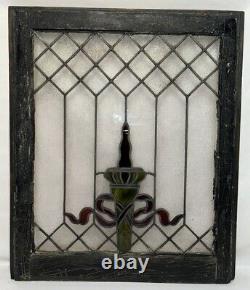 Antique Leaded Clear & Stained Glass Window 29.25x24.5 Torch Flame Privacy