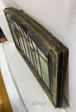 Antique Leaded Slag Stained Glass Window Wood Frame Arched 37x21.25 Transom