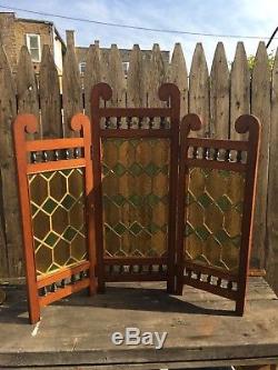 Antique Leaded Stained Glass Window 3 Panel Dividing Screen Walnut Frame