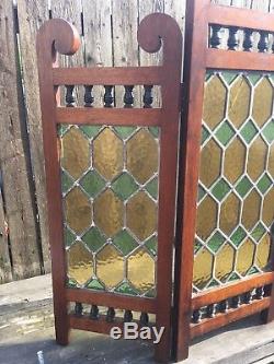 Antique Leaded Stained Glass Window 3 Panel Dividing Screen Walnut Frame