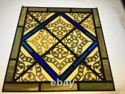 Antique Leaded Stained Glass Window Panel Blue Amber and Green
