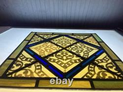 Antique Leaded Stained Glass Window Panel Blue Amber and Green