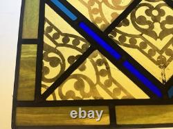 Antique Leaded Stained Glass Window Panel Blue Amber and Green
