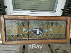Antique Leaded Stained Glass Window Panel Frame Reclaim Salvage 48 by 20