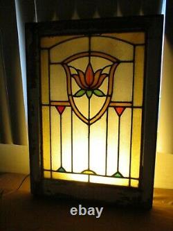 Antique Leaded Stained Stain Glass FLOWERED Window Panel in Wood Frame 20 x 28