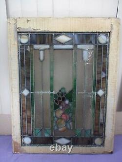 Antique Leaded Stained Stain Glass Window Panel Wood Frame Marbled Fruit Motif