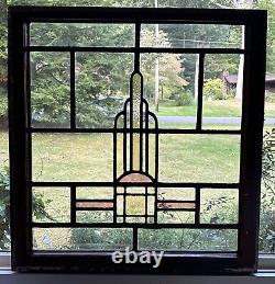 Antique Leaded Wavy & Stained Glass Window Wood Frame Chicago Bungalow Style