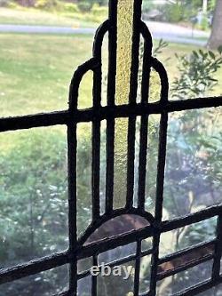 Antique Leaded Wavy & Stained Glass Window Wood Frame Chicago Bungalow Style