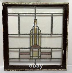 Antique Leaded Wavy & Stained Glass Window Wood Frame Chicago Bungalow Style