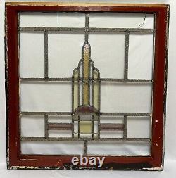 Antique Leaded Wavy & Stained Glass Window Wood Frame Chicago Bungalow Style