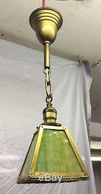 Antique Mission Craftsman Brass Ceiling Light Fixture Stained Glass Panels 3-18J