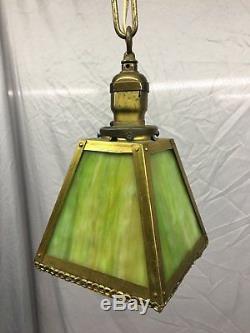Antique Mission Craftsman Brass Ceiling Light Fixture Stained Glass Panels 3-18J