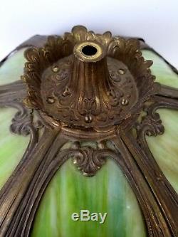 Antique Ornate 6 Panel Green Ivory Curved Stain Glass Lamp Shade Chandelier