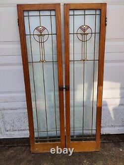 Antique Pair Of Stained Glass Panel Sidelight/Cabinet Doors60 3/8 X 15 3/8