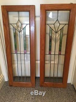 Antique Pair Set Stained Leaded Glass Window Panel Architectural Beveled