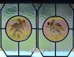 Antique Pair of French Stained Leaded Glass Panels withPainted Enamel Griffins