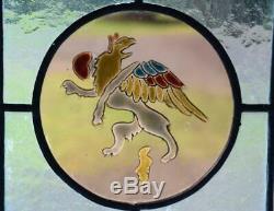 Antique Pair of French Stained Leaded Glass Panels withPainted Enamel Griffins