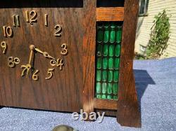 Antique Sessions Western Mission Mantel Shelf Clock Green Slag Glass Panels Runs