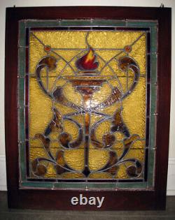 Antique Stained Glass Church Panel In Window Frame 30 Tall x 25 Wide