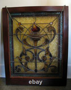 Antique Stained Glass Church Panel In Window Frame 30 Tall x 25 Wide