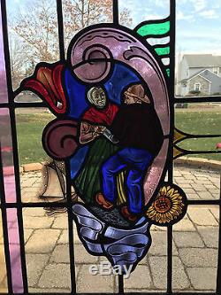 Antique Stained Glass Panel Framed in Oak 34 x 24 No Cracks or Breaks