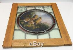 Antique Stained Glass Panel with Hand Painted Scene with Bluebirds 19th C