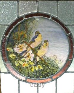 Antique Stained Glass Panel with Hand Painted Scene with Bluebirds 19th C