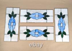 Antique Stained Glass Window 4 Panel Set 17x7 Blue Flower White Handmade