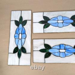Antique Stained Glass Window 4 Panel Set 17x7 Blue Flower White Handmade