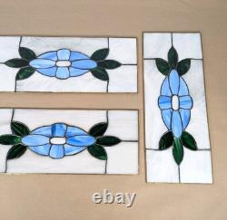 Antique Stained Glass Window 4 Panel Set 17x7 Blue Flower White Handmade