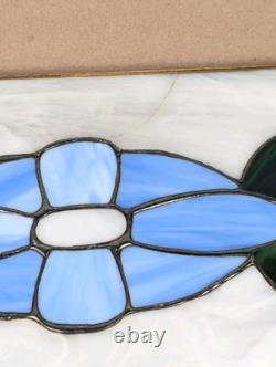 Antique Stained Glass Window 4 Panel Set 17x7 Blue Flower White Handmade