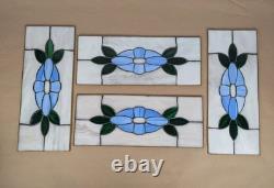 Antique Stained Glass Window 4 Panel Set 17x7 Blue Flower White Handmade