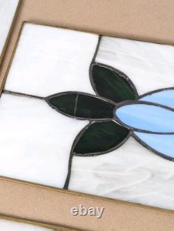 Antique Stained Glass Window 4 Panel Set 17x7 Blue Flower White Handmade