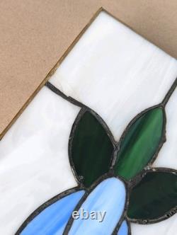Antique Stained Glass Window 4 Panel Set 17x7 Blue Flower White Handmade